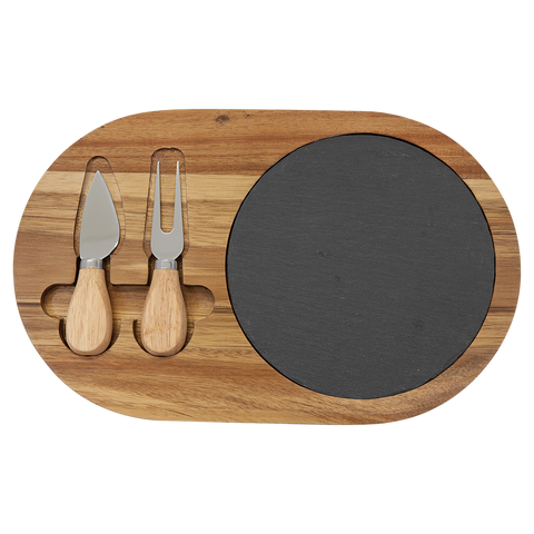 Acacia Wood/Slate Oval Cheese Set with Two Tools